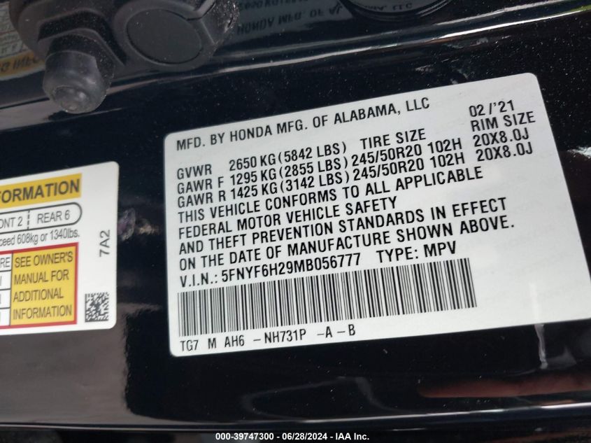 2021 Honda Pilot Awd Special Edition VIN: 5FNYF6H29MB056777 Lot: 39747300