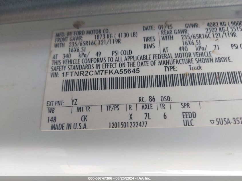 2015 Ford Transit-250 VIN: 1FTNR2CM7FKA55645 Lot: 39747306
