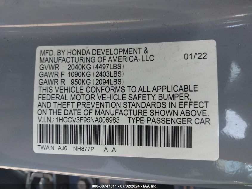 2022 Honda Accord Hybrid Touring VIN: 1HGCV3F95NA006983 Lot: 39747311