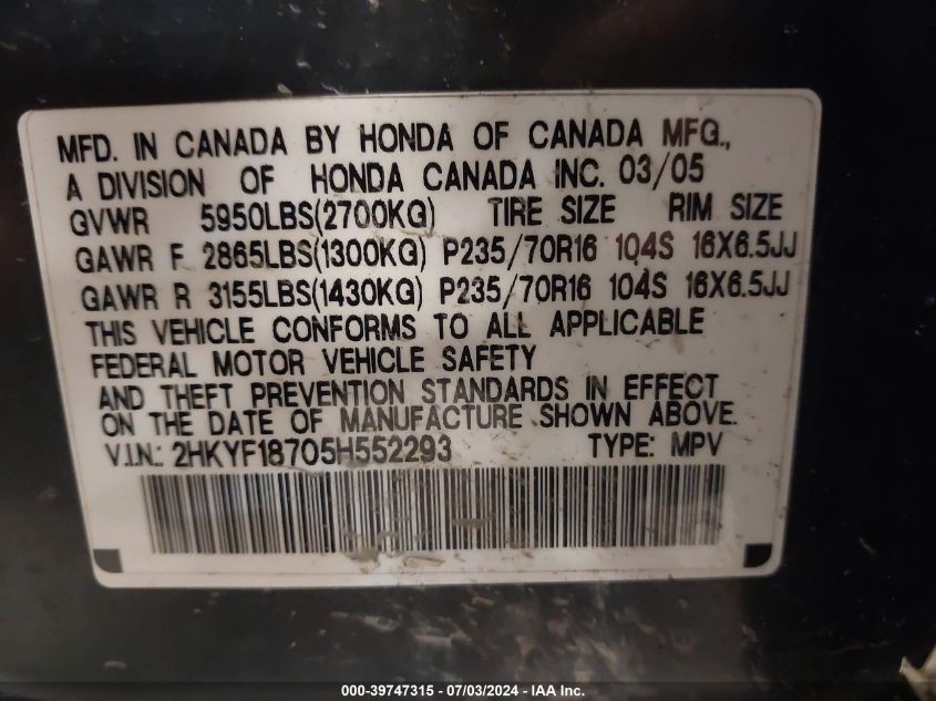 2005 Honda Pilot Exl VIN: 2HKYF18705H552293 Lot: 39747315