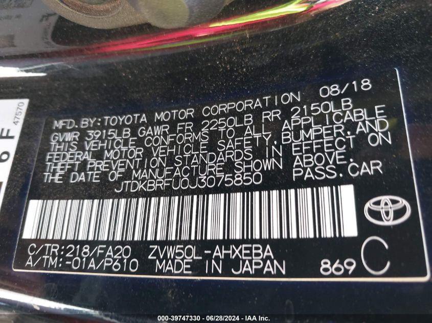 2018 Toyota Prius One VIN: JTDKBRFU0J3075850 Lot: 39747330