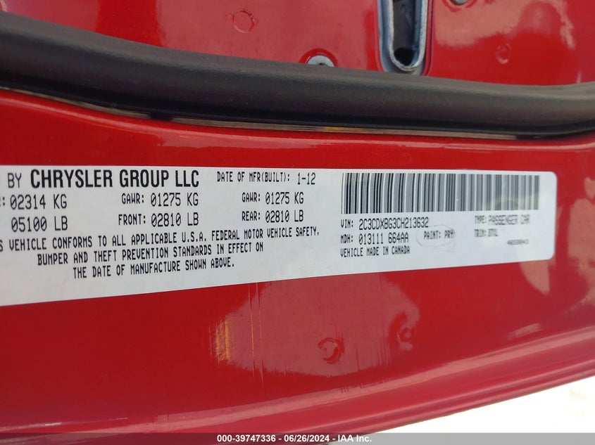 2012 Dodge Charger Se VIN: 2C3CDXBG3CH213632 Lot: 39747336