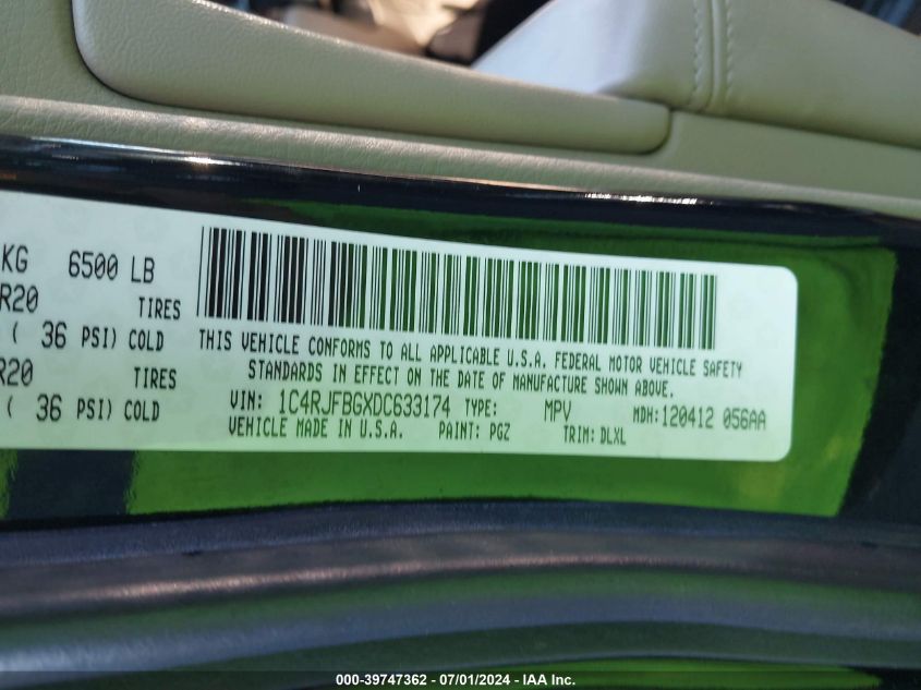 2013 Jeep Grand Cherokee Limited VIN: 1C4RJFBGXDC633174 Lot: 39747362