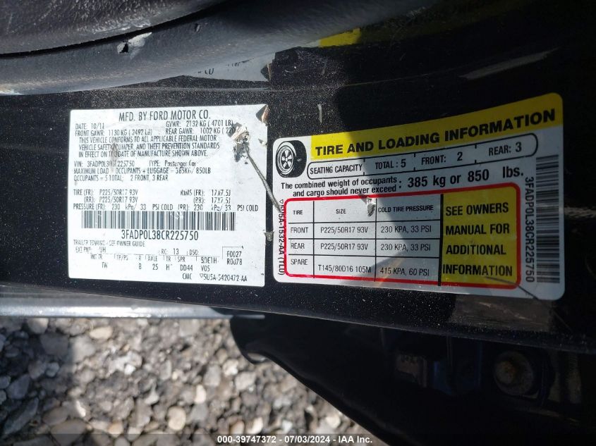 2012 Ford Fusion Hybrid VIN: 3FADP0L38CR225750 Lot: 39747372