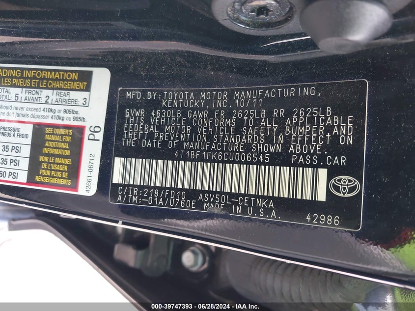 2012 Toyota Camry Le VIN: 4T1BF1FK6CU006545 Lot: 39747393