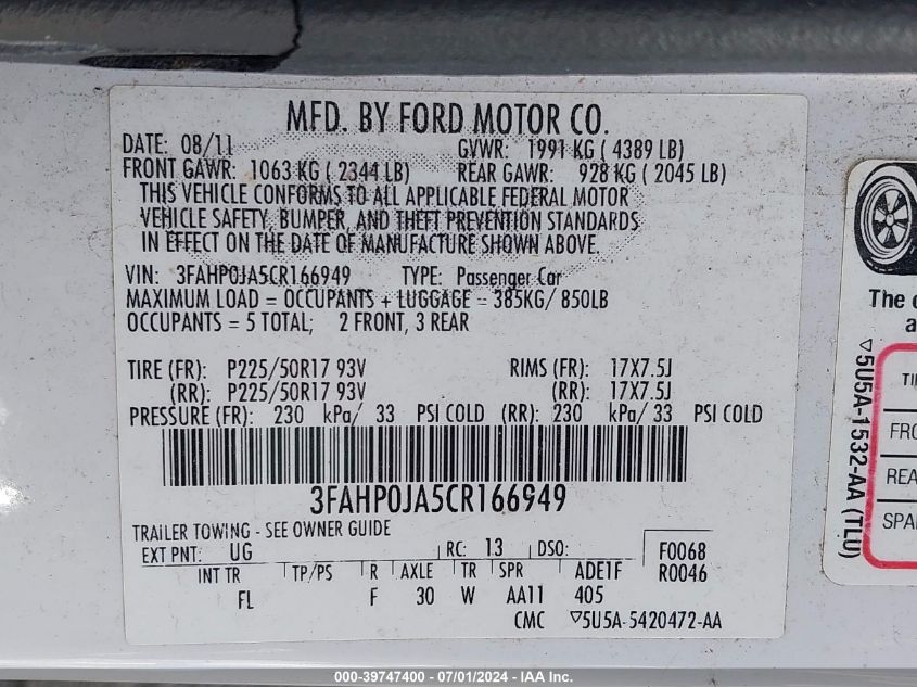 2012 Ford Fusion Sel VIN: 3FAHP0JA5CR166949 Lot: 39747400