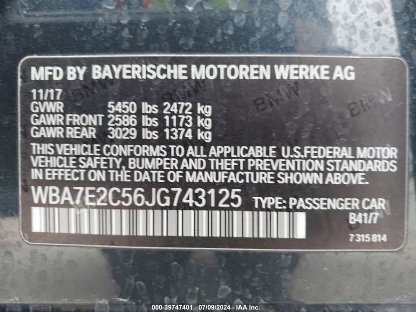 2018 BMW 740I I VIN: WBA7E2C56JG743125 Lot: 39747401