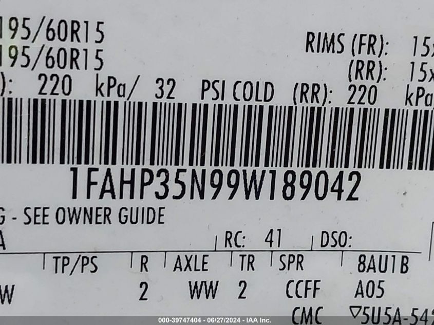 2009 Ford Focus Se VIN: 1FAHP35N99W189042 Lot: 39747404