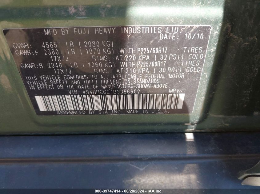 2011 Subaru Outback 2.5I Premium VIN: 4S4BRCGC1B3356602 Lot: 39747414