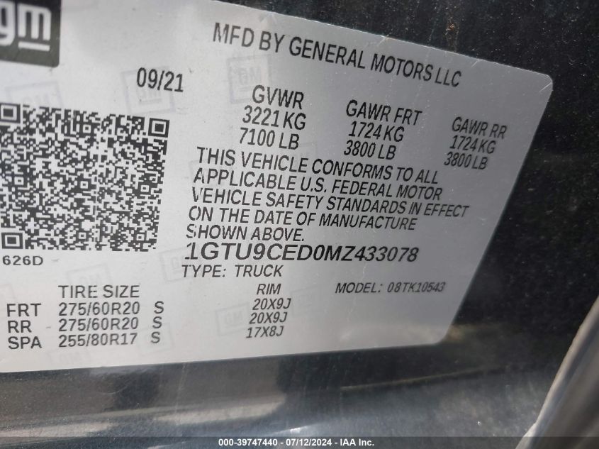 2021 GMC Sierra 1500 4Wd Short Box Elevation VIN: 1GTU9CED0MZ433078 Lot: 39747440