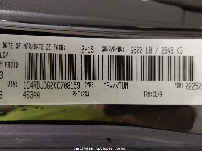 2019 Dodge Durango Gt VIN: 1C4RDJDG0KC708159 Lot: 39747444