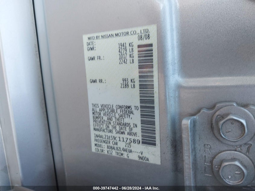 2009 Nissan Altima 2.5 S VIN: 1N4AL21E59C117589 Lot: 39747442