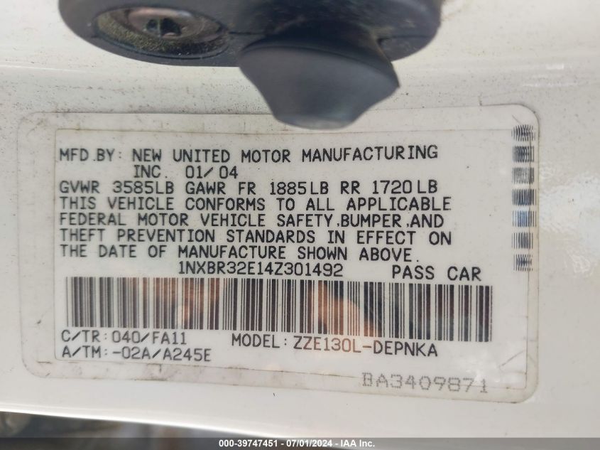 2004 Toyota Corolla Le VIN: 1NXBR32E14Z301492 Lot: 39747451
