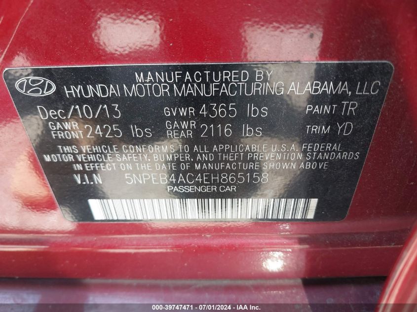 2014 HYUNDAI SONATA GLS - 5NPEB4AC4EH865158