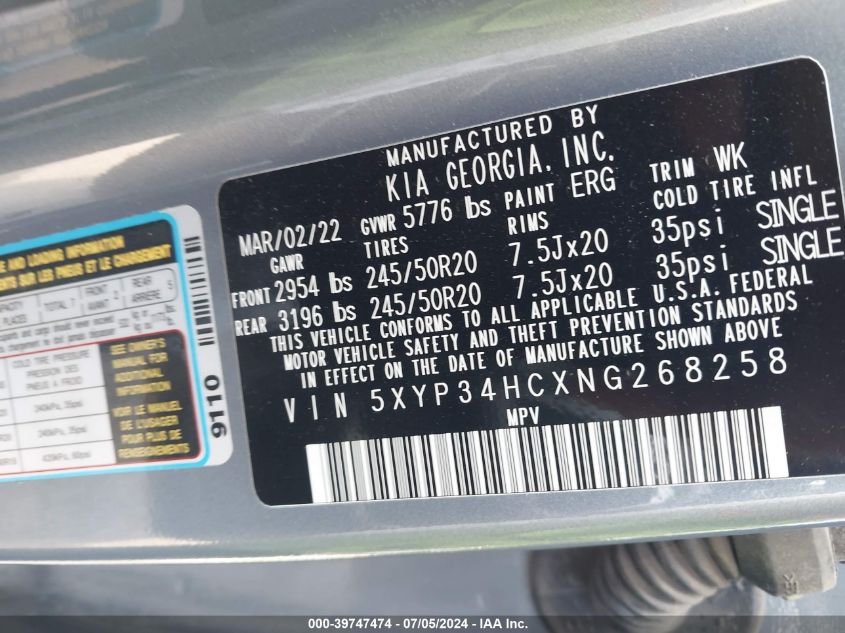 2022 Kia Telluride Ex VIN: 5XYP34HCXNG268258 Lot: 39747474