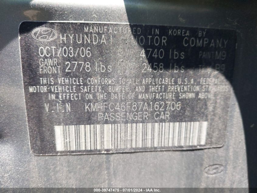 2007 Hyundai Azera Se/Limited VIN: KMHFC46F87A162706 Lot: 39747475