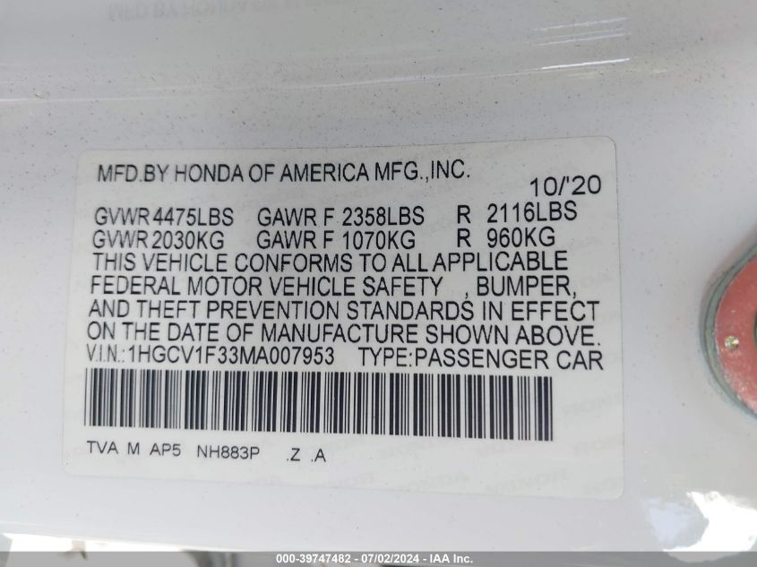 2021 Honda Accord Sport VIN: 1HGCV1F33MA007953 Lot: 39747482