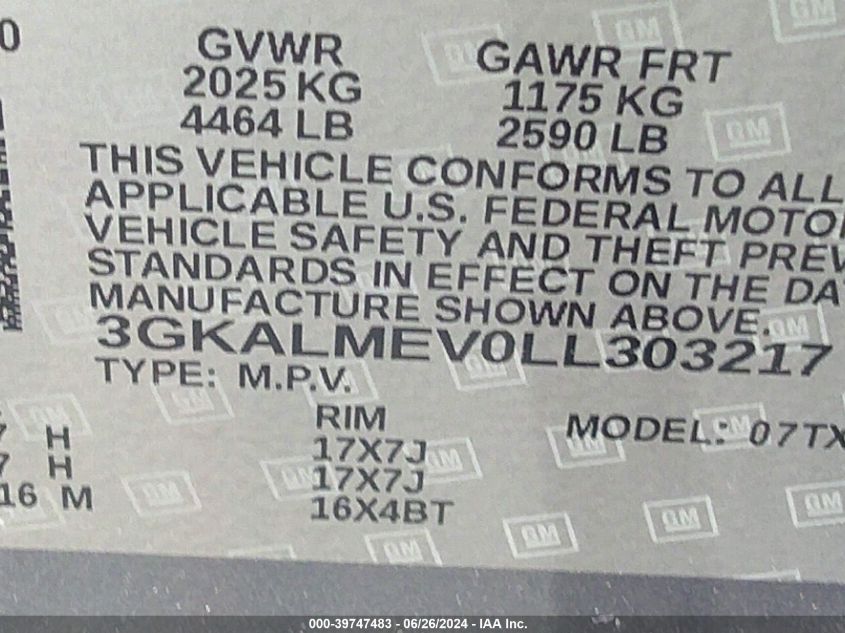 2020 GMC Terrain Fwd Sle VIN: 3GKALMEV0LL303217 Lot: 39747483