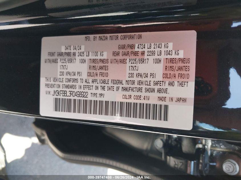 2024 Mazda Cx-5 Select VIN: JM3KFBBL3R0498922 Lot: 39747488