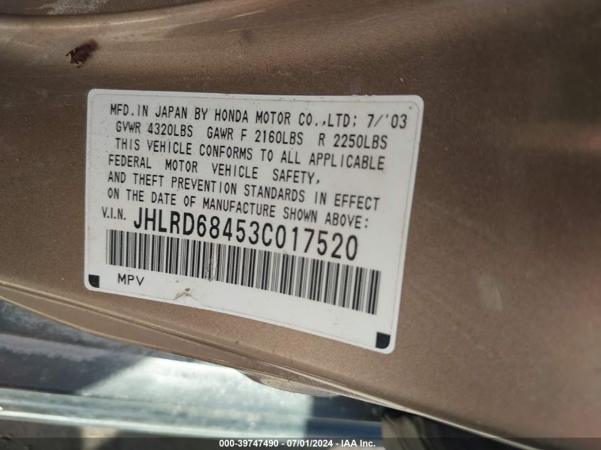 2003 Honda Cr-V Lx VIN: JHLRD68453C017520 Lot: 39747490