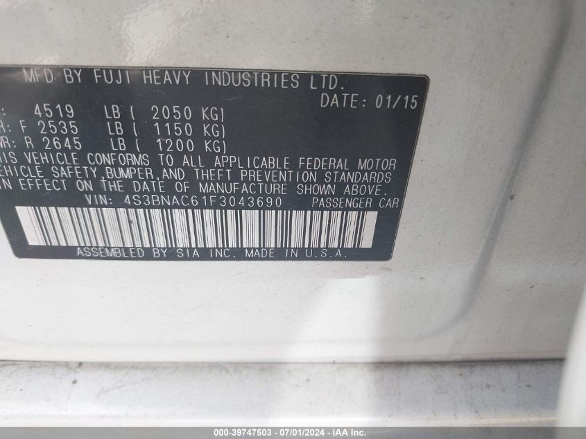 2015 Subaru Legacy 2.5I Premium VIN: 4S3BNAC61F3043690 Lot: 39747503
