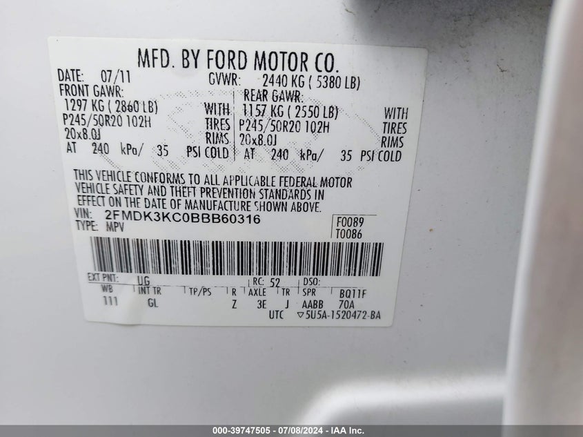 2011 Ford Edge Limited VIN: 2FMDK3KC0BBB60316 Lot: 39747505