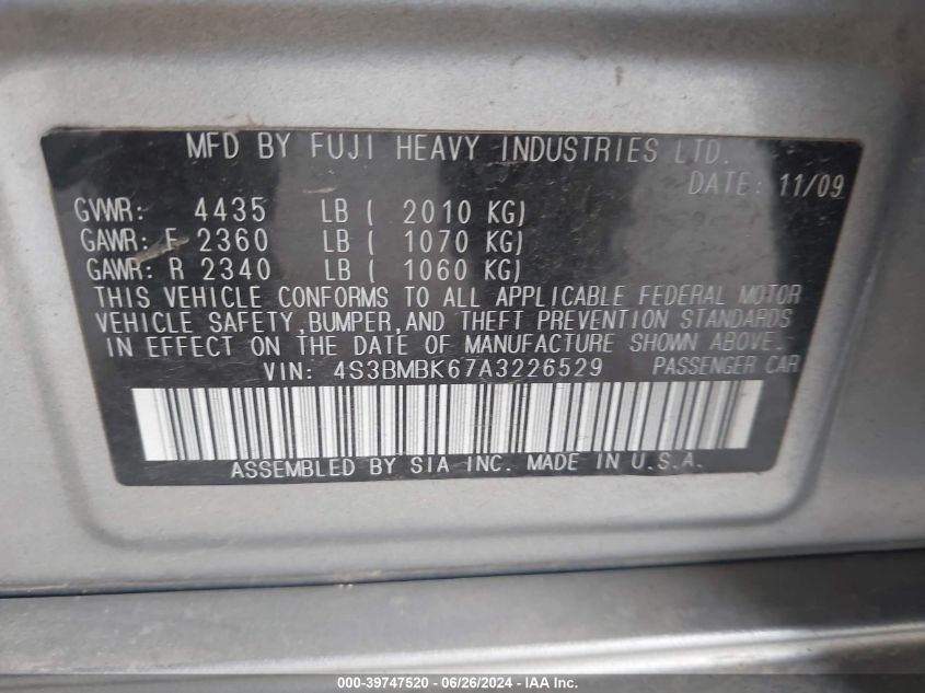 2010 Subaru Legacy 2.5I Limited VIN: 4S3BMBK67A3226529 Lot: 39747520