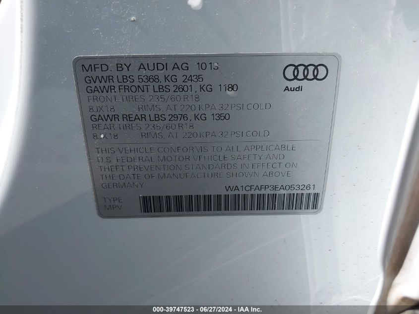 2014 Audi Q5 Premium VIN: WA1CFAFP3EA053261 Lot: 39747523