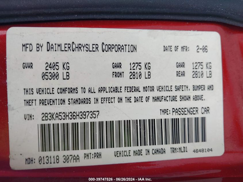 2006 Dodge Charger R/T VIN: 2B3KA53H36H397357 Lot: 39747526