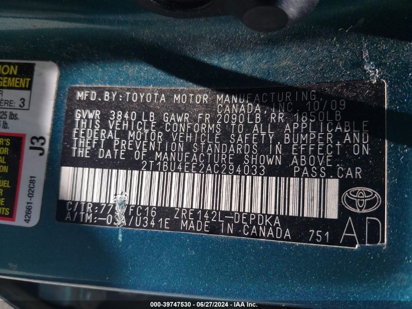 2010 Toyota Corolla Le VIN: 2T1BU4EE2AC294033 Lot: 39747530