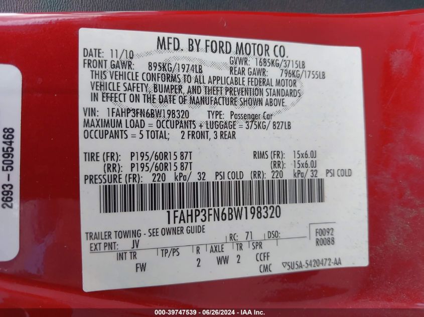 2011 Ford Focus Se VIN: 1FAHP3FN6BW198320 Lot: 39747539