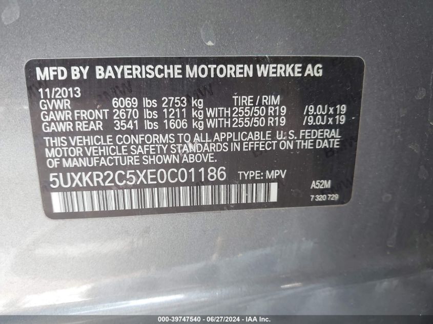 2014 BMW X5 Sdrive35I VIN: 5UXKR2C5XE0C01186 Lot: 39747540