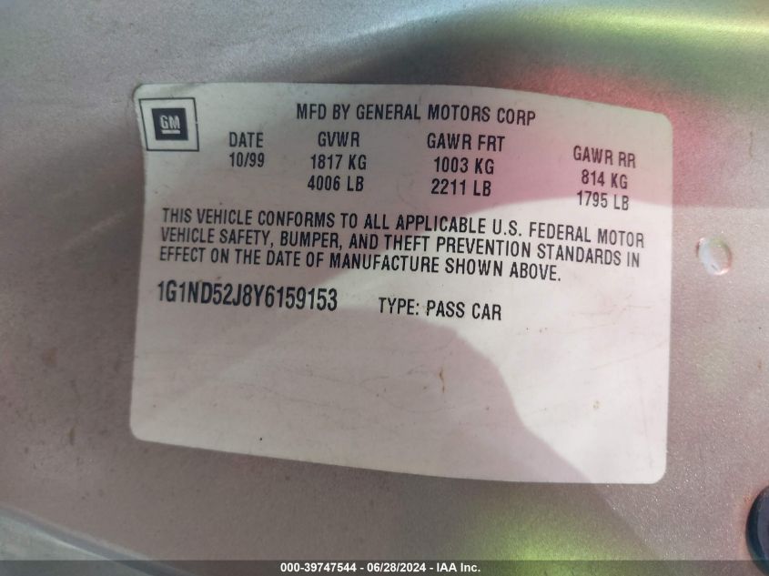 2000 Chevrolet Malibu VIN: 1G1ND52J8Y6159153 Lot: 39747544