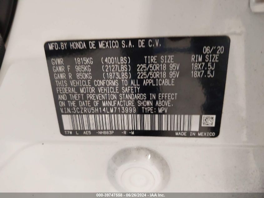 2020 Honda Hr-V 2Wd Sport VIN: 3CZRU5H14LM713999 Lot: 39747558