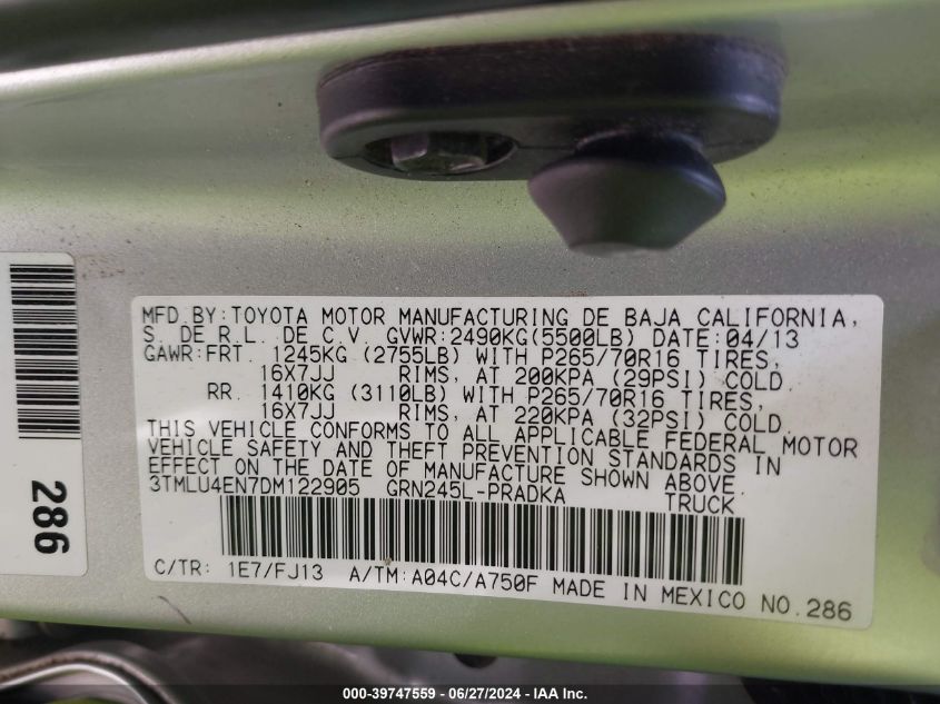 2013 Toyota Tacoma Base V6 VIN: 3TMLU4EN7DM122905 Lot: 39747559