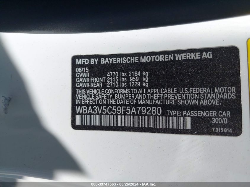 2015 BMW 428I VIN: WBA3V5C59F5A79280 Lot: 39747563