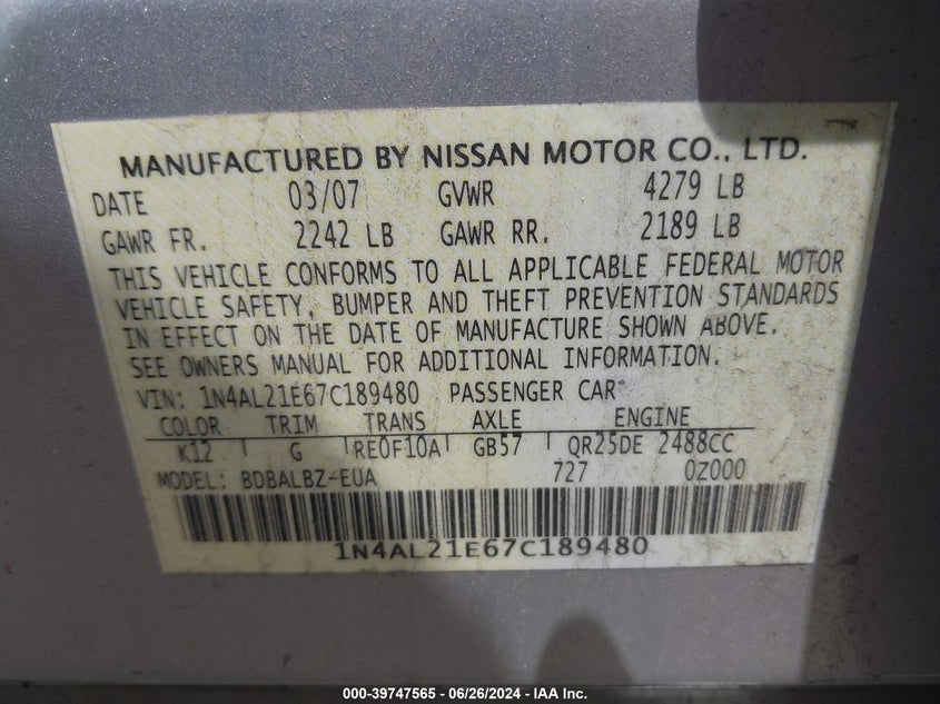 2007 Nissan Altima 2.5 S VIN: 1N4AL21E67C189480 Lot: 39747565