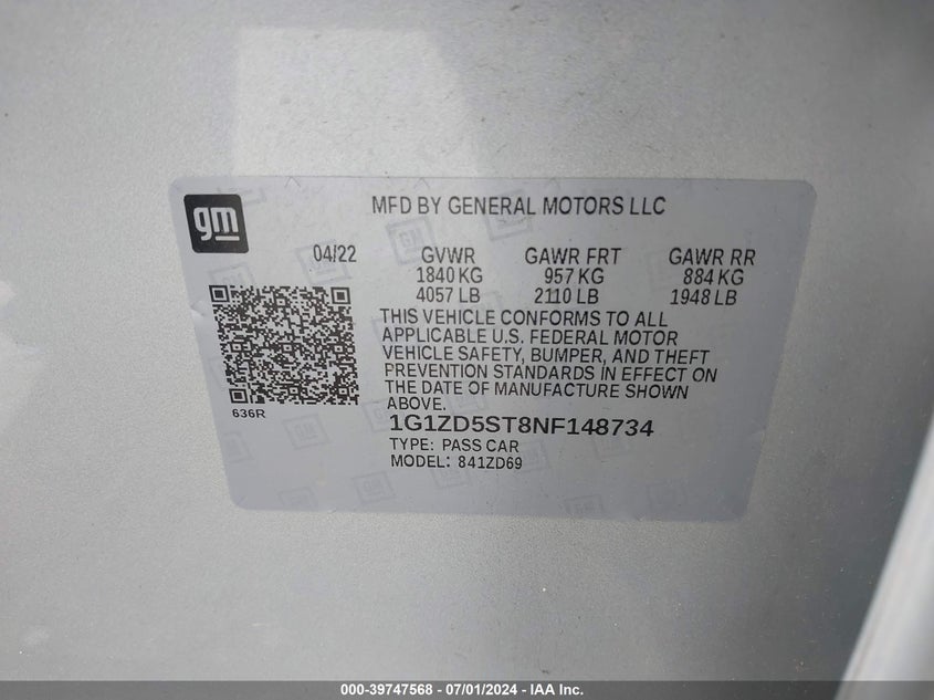 2022 Chevrolet Malibu Fwd Lt VIN: 1G1ZD5ST8NF148734 Lot: 39747568