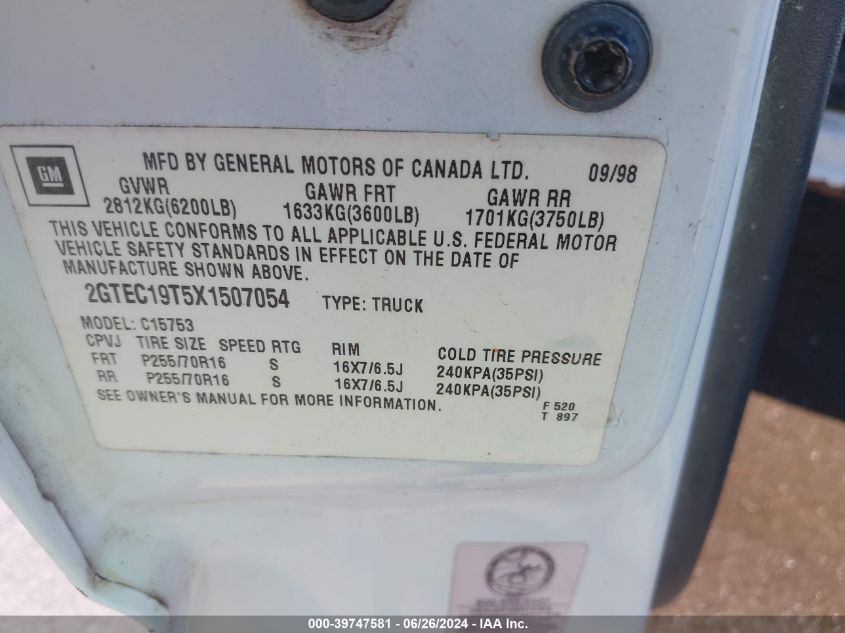 1999 GMC Sierra 1500 Sl VIN: 2GTEC19T5X1507054 Lot: 39747581