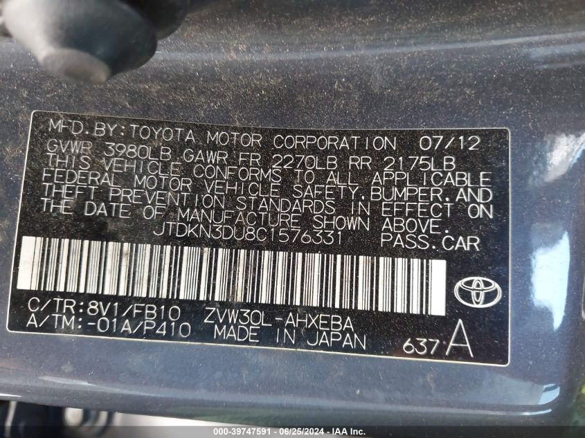 2012 Toyota Prius Two VIN: JTDKN3DU8C1576331 Lot: 39747591