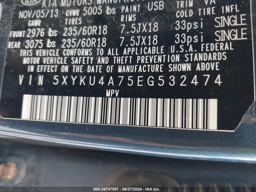 2014 Kia Sorento Ex V6 VIN: 5XYKU4A75EG532474 Lot: 39747597