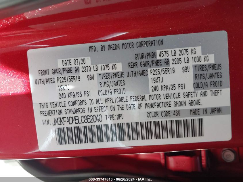 2020 Mazda Cx-5 Grand Touring VIN: JM3KFADM5L0862040 Lot: 39747613