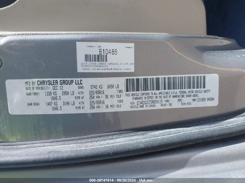 2013 Dodge Grand Caravan Sxt VIN: 2C4RDGCG7DR654115 Lot: 39747614