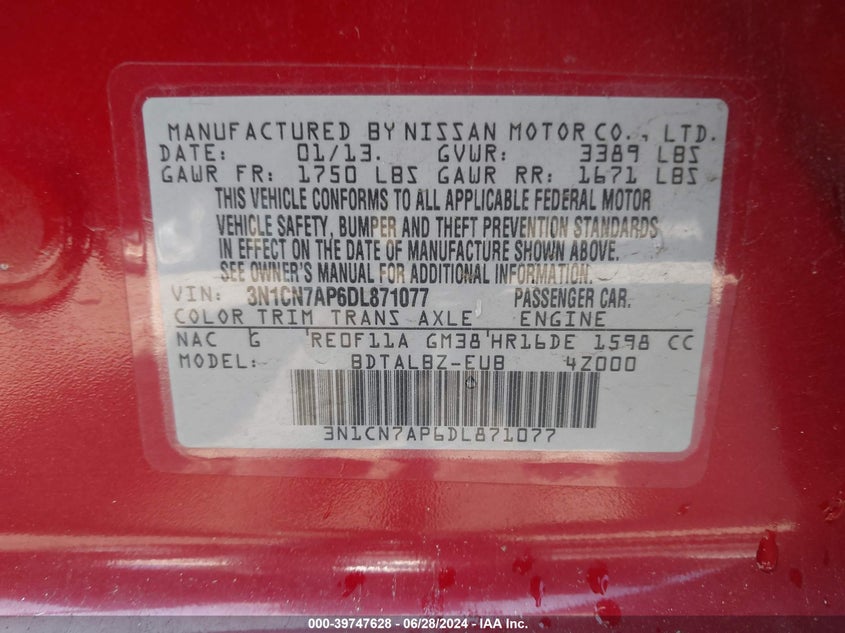 2013 NISSAN VERSA 1.6 SV - 3N1CN7AP6DL871077