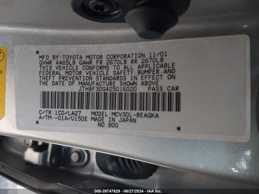 2002 Lexus Es 300 VIN: JTHBF30G425016020 Lot: 39747629