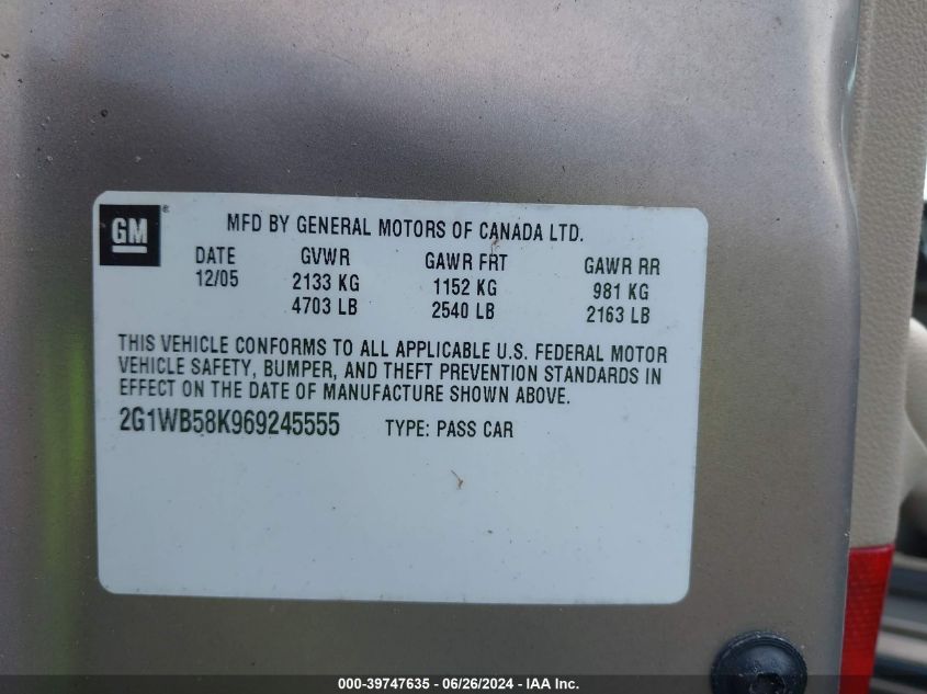 2006 Chevrolet Impala Ls VIN: 2G1WB58K969245555 Lot: 39747635