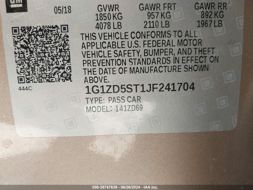 2018 Chevrolet Malibu Lt VIN: 1G1ZD5ST1JF241704 Lot: 39747639