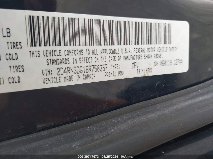 2011 Dodge Grand Caravan Mainstreet VIN: 2D4RN3DG1BR750357 Lot: 39747673