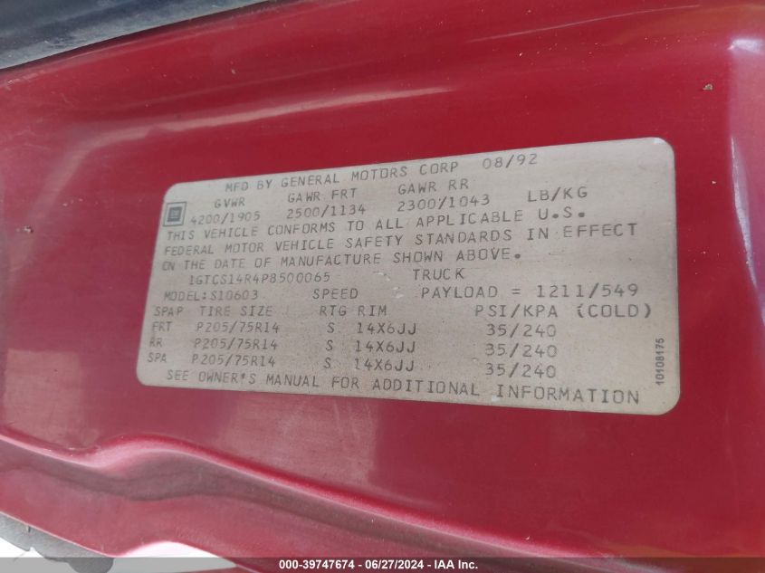 1993 GMC Sonoma VIN: 1GTCS14R4P8500065 Lot: 39747674