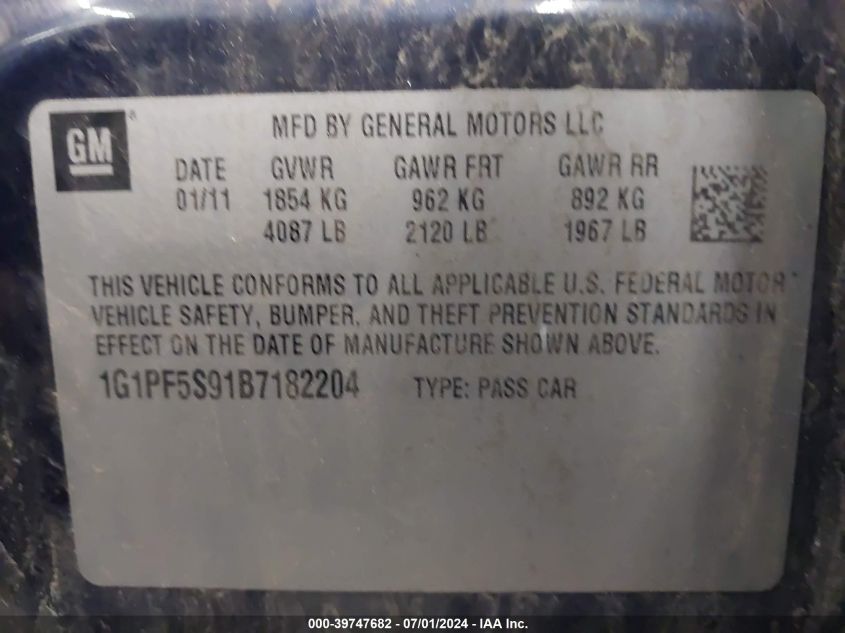 2011 Chevrolet Cruze 1Lt VIN: 1G1PF5S91B7182204 Lot: 39747682